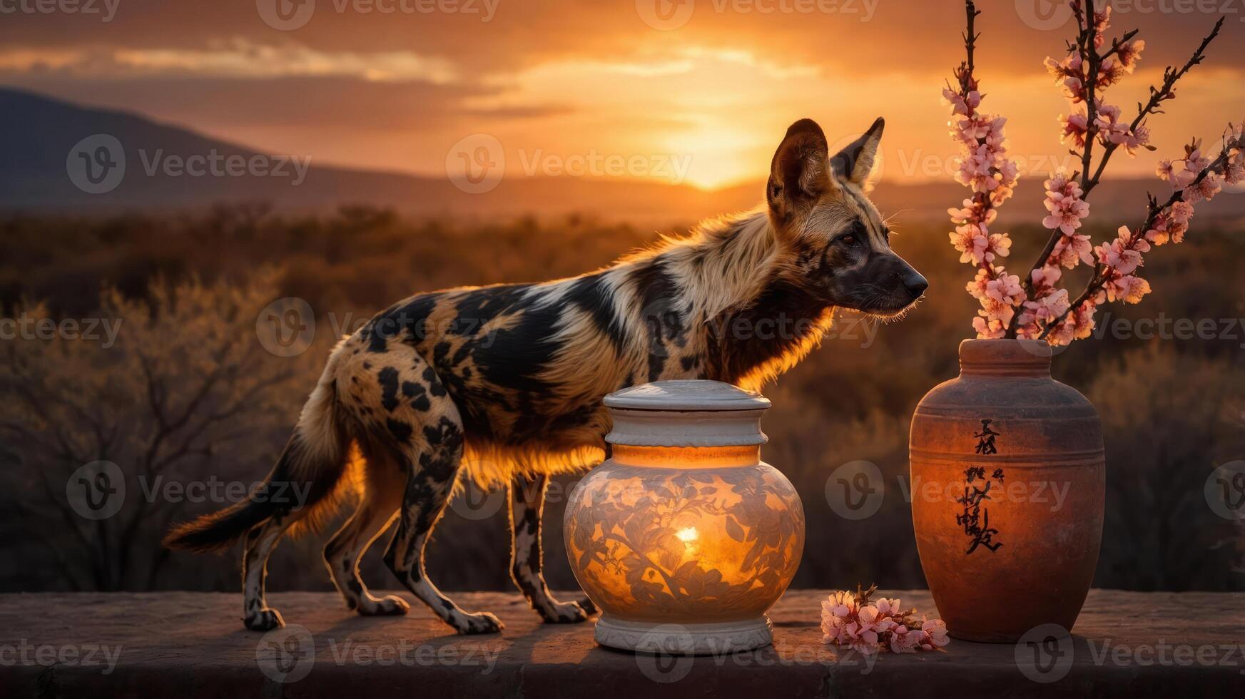 A wild dog beside a glowing lantern and a vase with blossoms against a sunset backdrop. photo