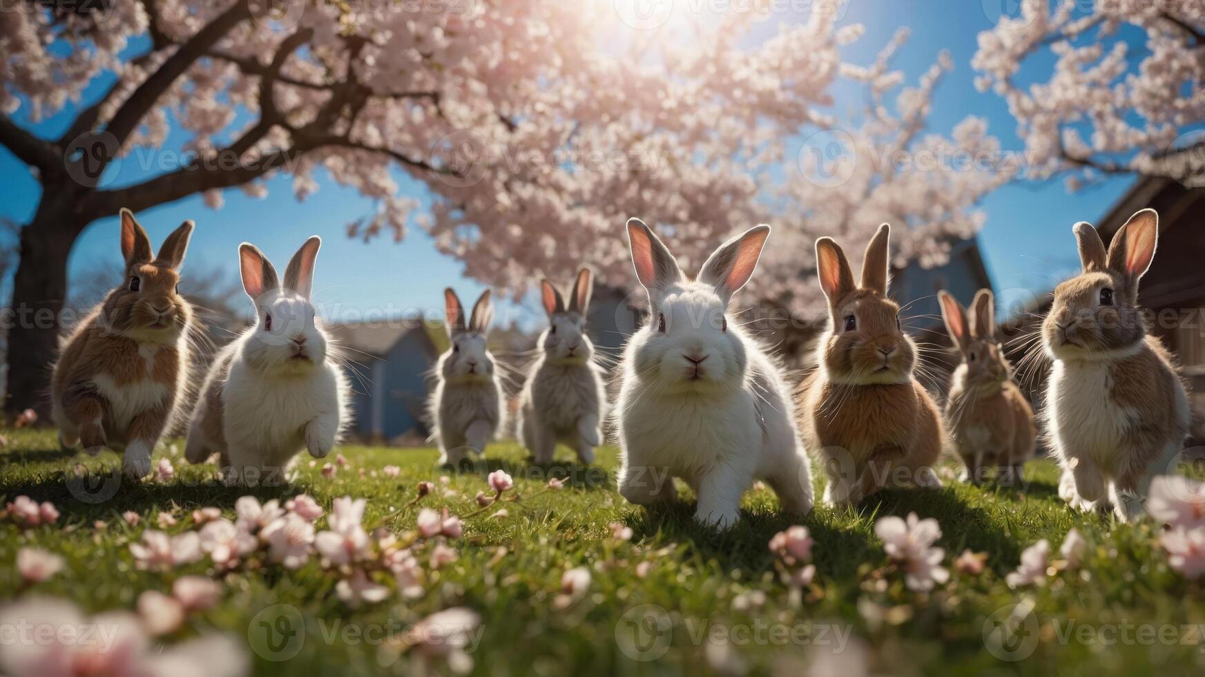 A group of rabbits running through a flower-filled meadow under cherry blossom trees. photo