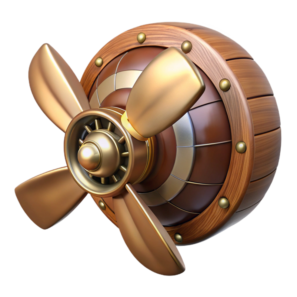 impressive art deco Steampunk airship propeller made of polished wood and copper. NO BACKGROUND with Transparent Background. 8K png
