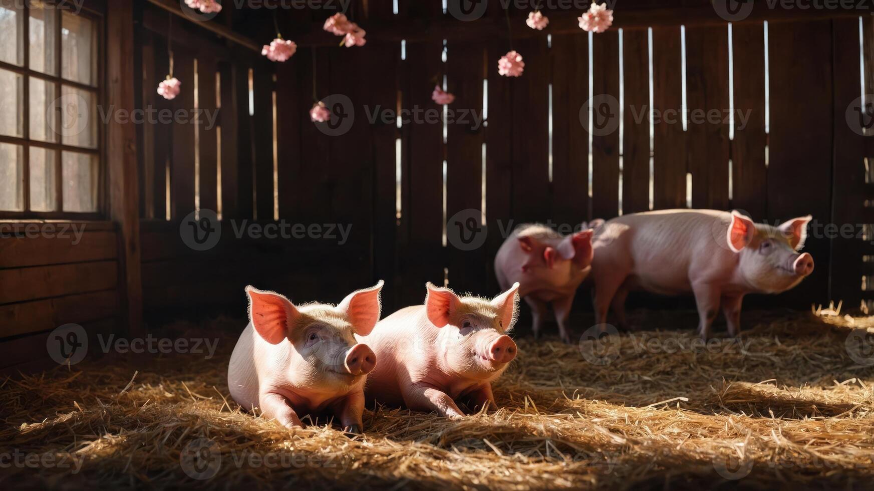 A serene barn scene with pigs resting on straw, illuminated by soft natural light. photo