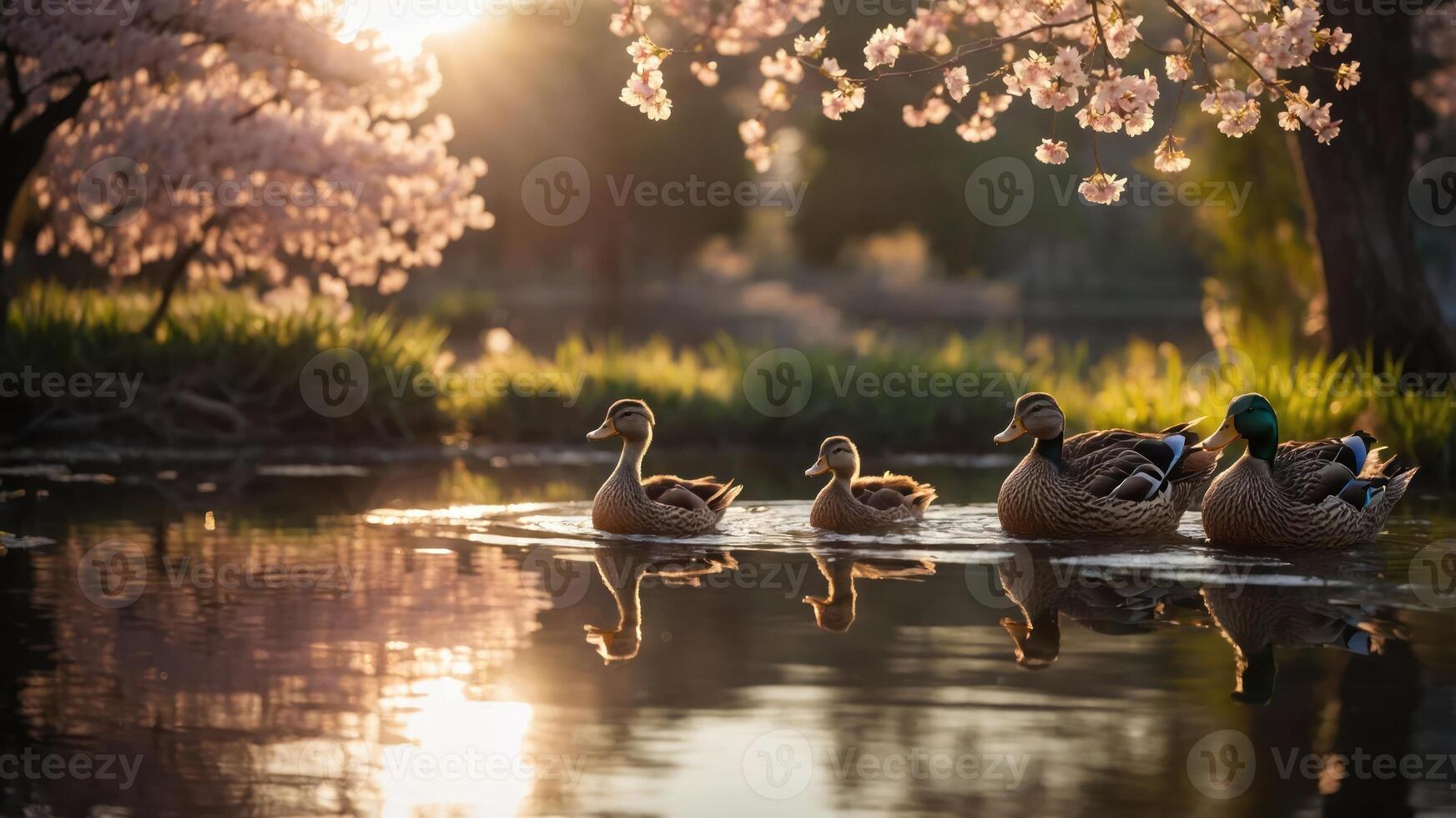A serene scene of ducks swimming in a pond surrounded by cherry blossoms at sunset. photo