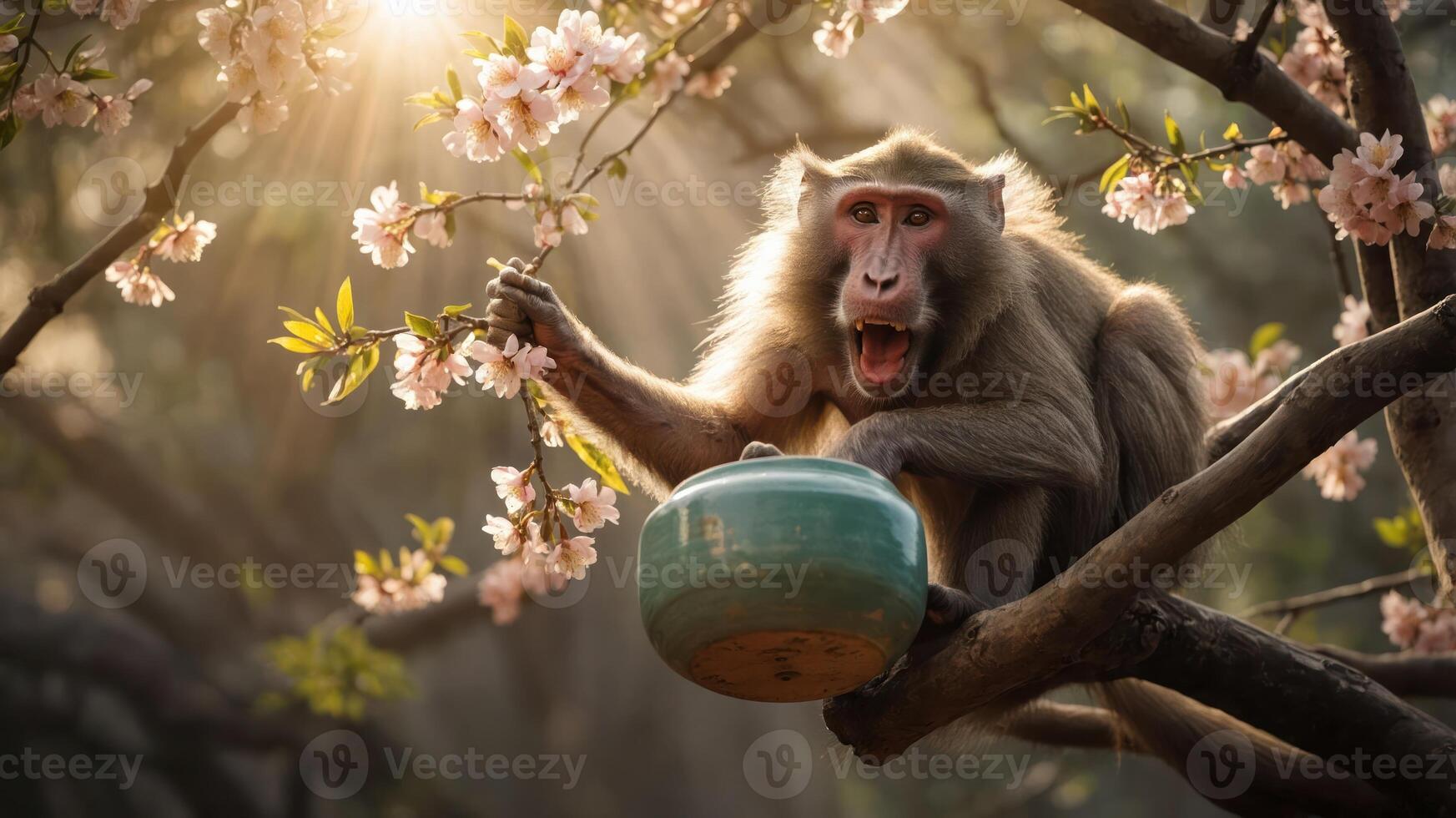 A baboon perched in a tree, interacting with a ceramic bowl amidst blooming flowers. photo