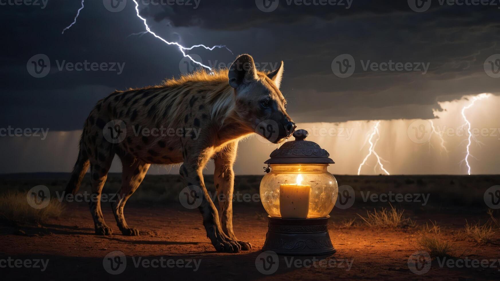 A hyena approaches a lantern during a dramatic storm, creating an eerie atmosphere. photo