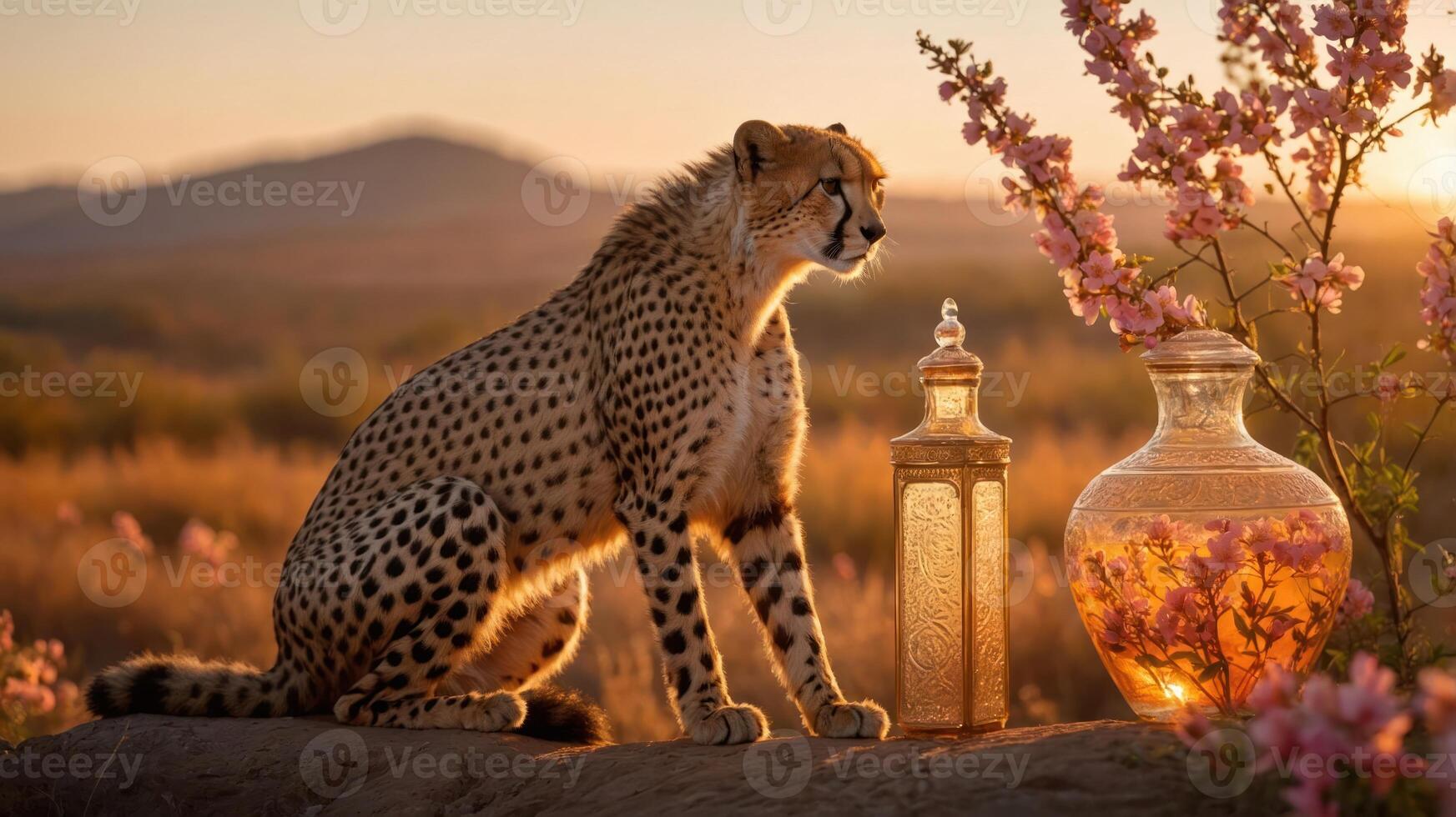 A cheetah sits beside decorative vases and flowers in a serene landscape at sunset. photo