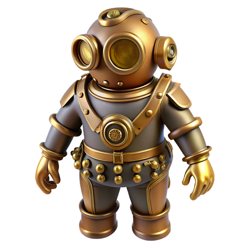 inspired contemporary Steampunk diving suit with brass helmets and articulated joints. NO BACKGROUND with Transparent Background. luxury png