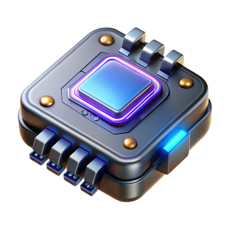 impressive quintessential Cyberpunk data chip with glowing circuits and metallic casing NO BACKGROUND with Transparent Background. png
