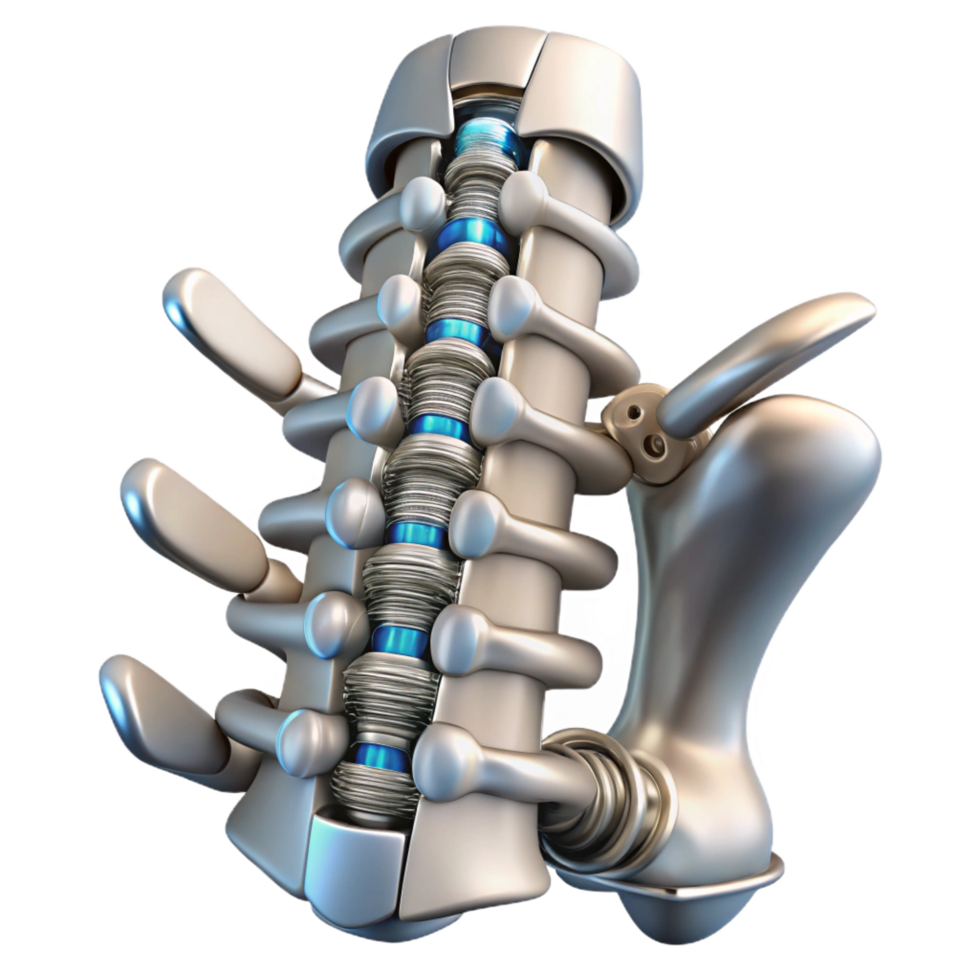 passionate vibrant Cybernetic spine implant, metallic vertebrae, intricate wiring. NO BACKGROUND with Transparent Background. sharp png