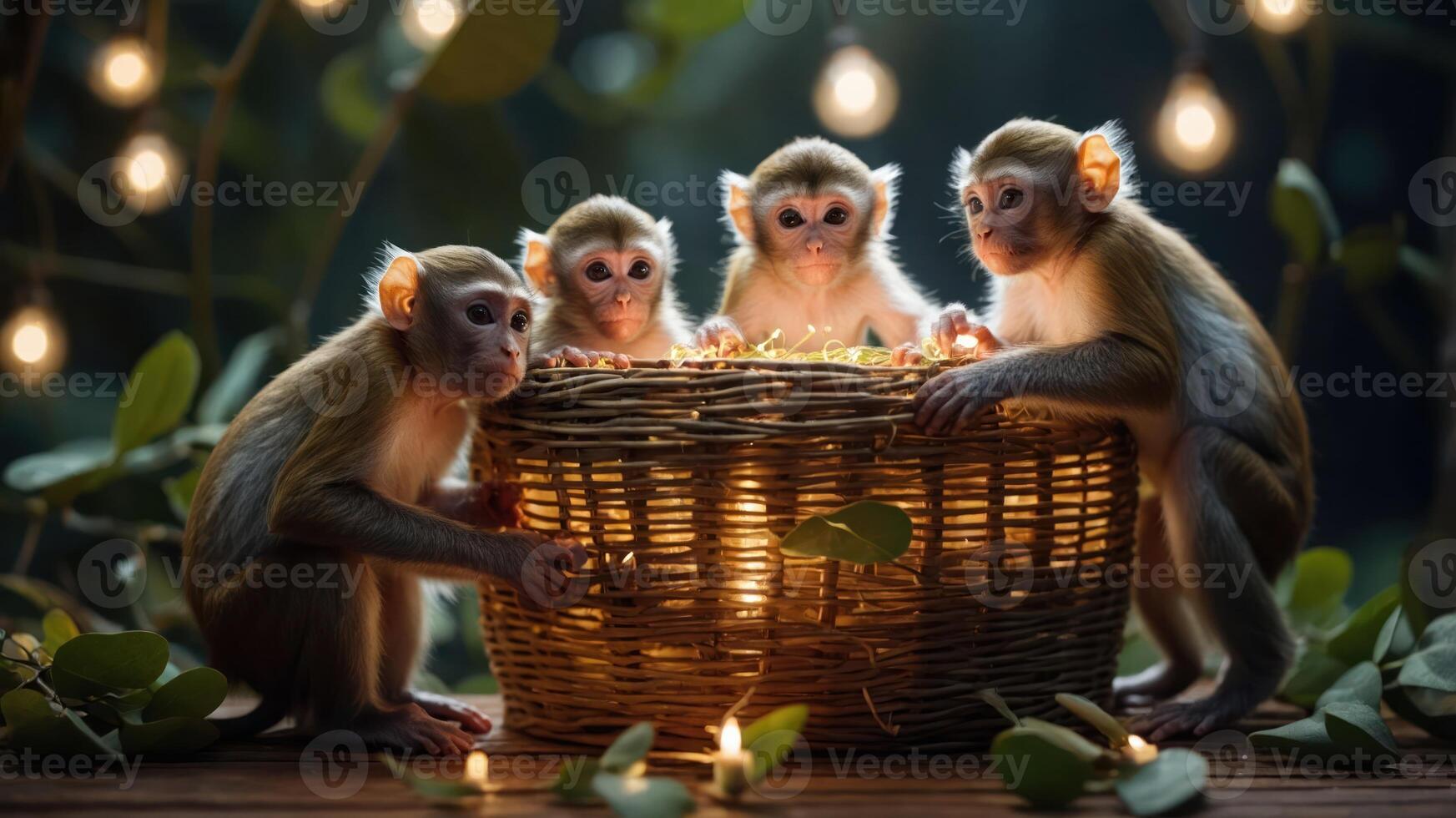 Four monkeys gathered around a glowing basket, surrounded by greenery and soft lights. photo