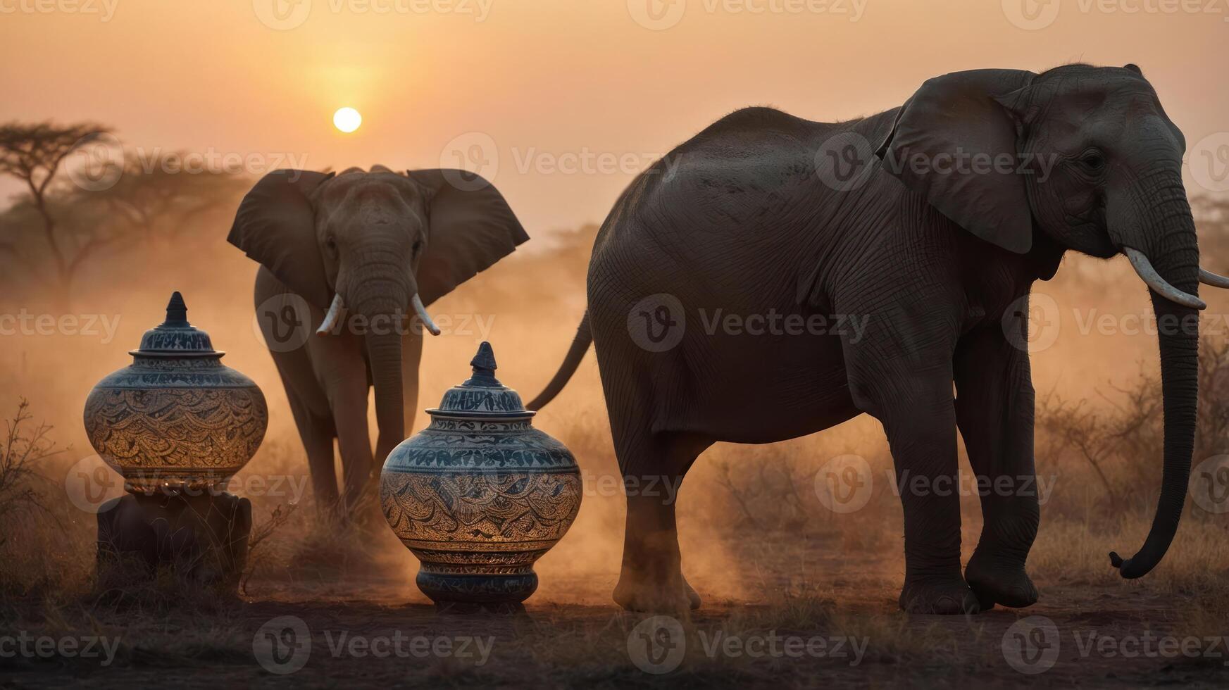 Two elephants walking in a dusty landscape at sunset, beside decorative pottery. photo