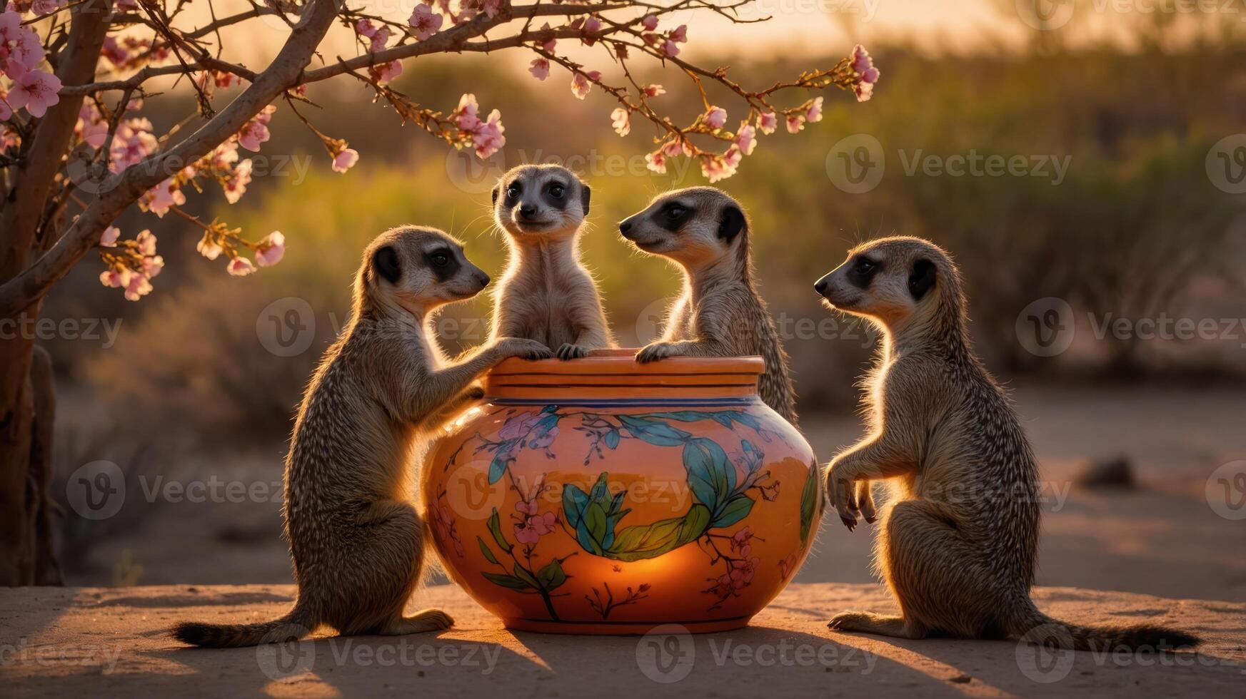 Four meerkats gathered around a colorful pot under blooming branches at sunset. photo