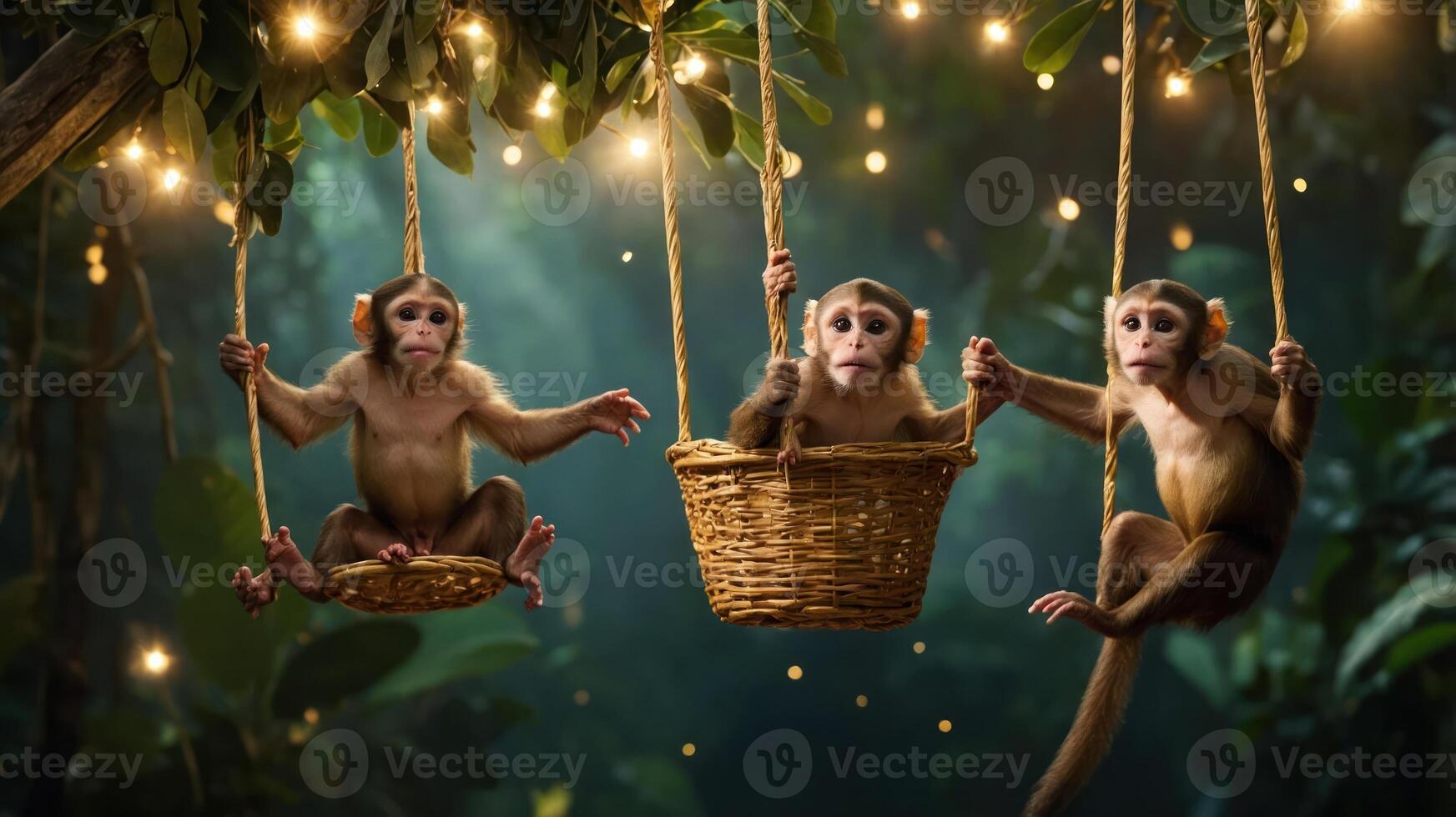 Three monkeys sitting in woven baskets under glowing lights in a lush jungle setting. photo