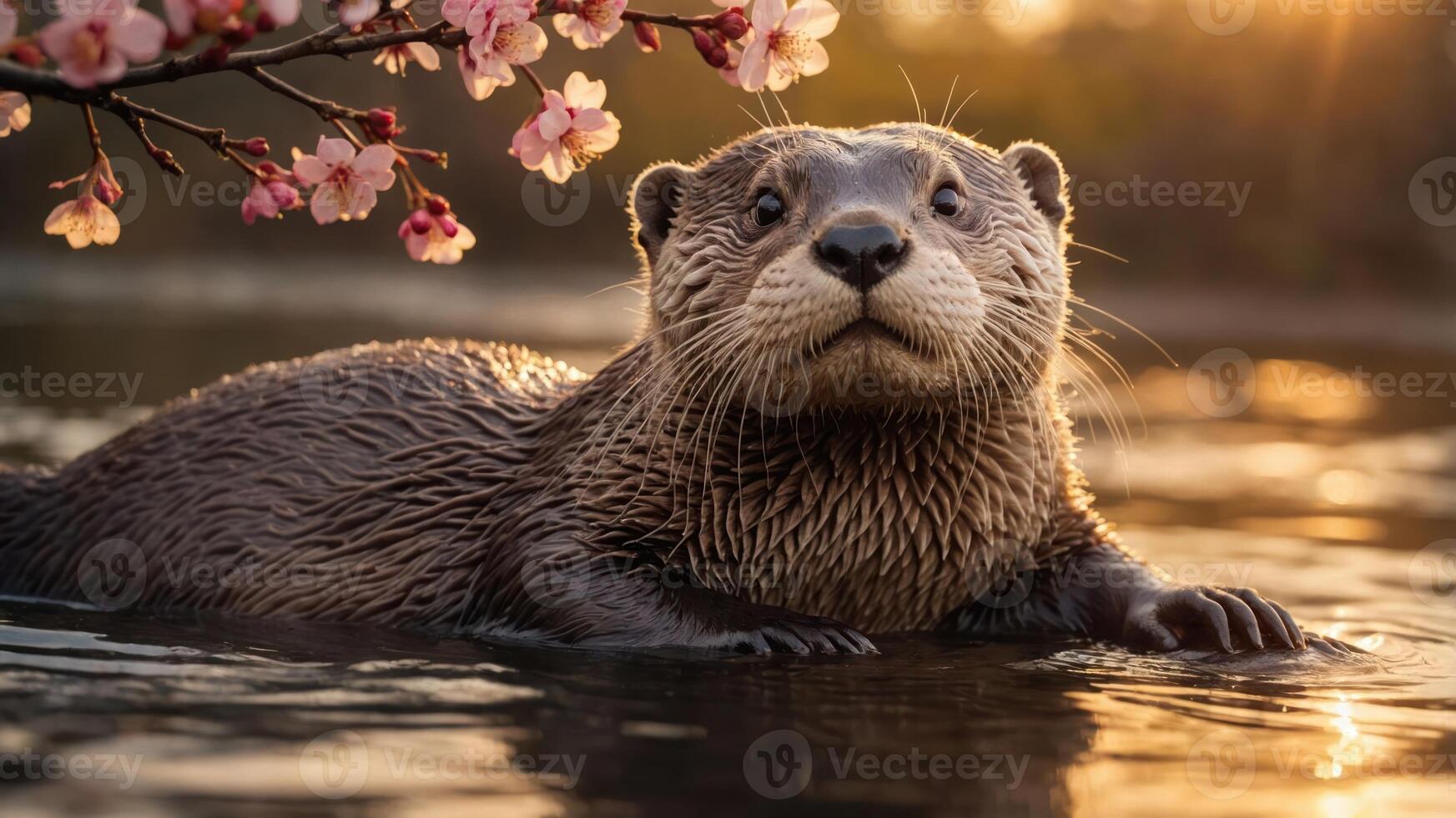 A playful otter swimming in a serene setting with cherry blossoms at sunset. photo