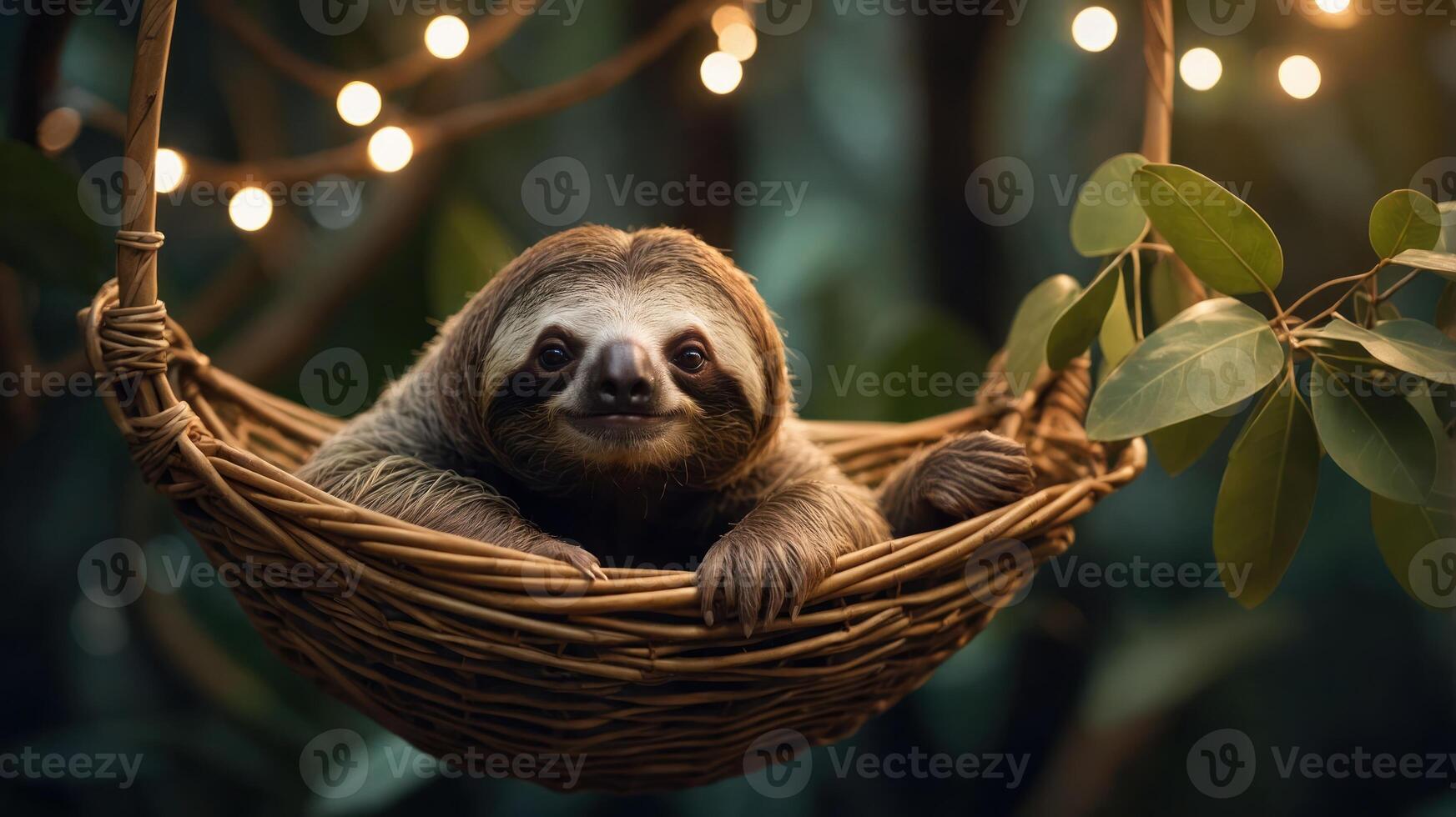 A sloth relaxing in a woven basket surrounded by greenery and soft lights. photo