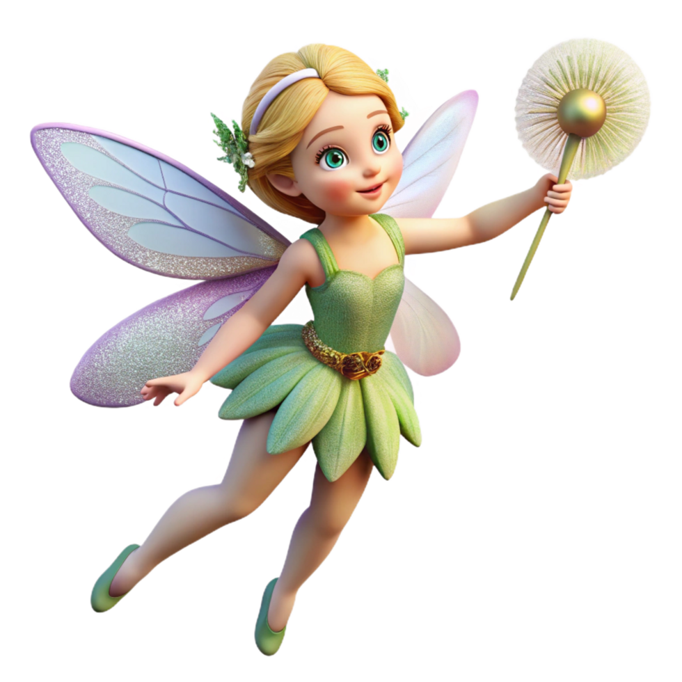 fascinating unforgettable A delicate fairy, iridescent wings, holding a dandelion seed. NO BACKGROUND with Transparent Background. png
