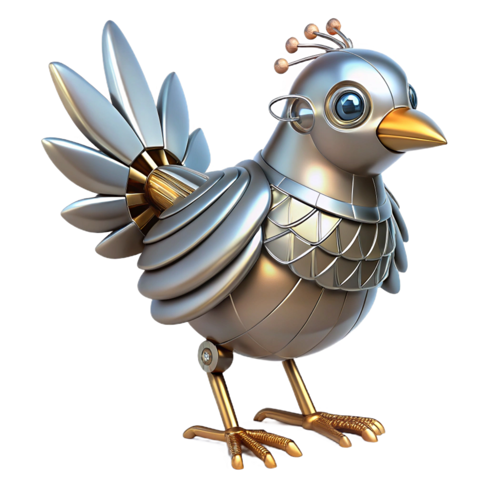 gorgeous remarkable Robotic bird with metallic feathers. NO BACKGROUND with Transparent Background. png