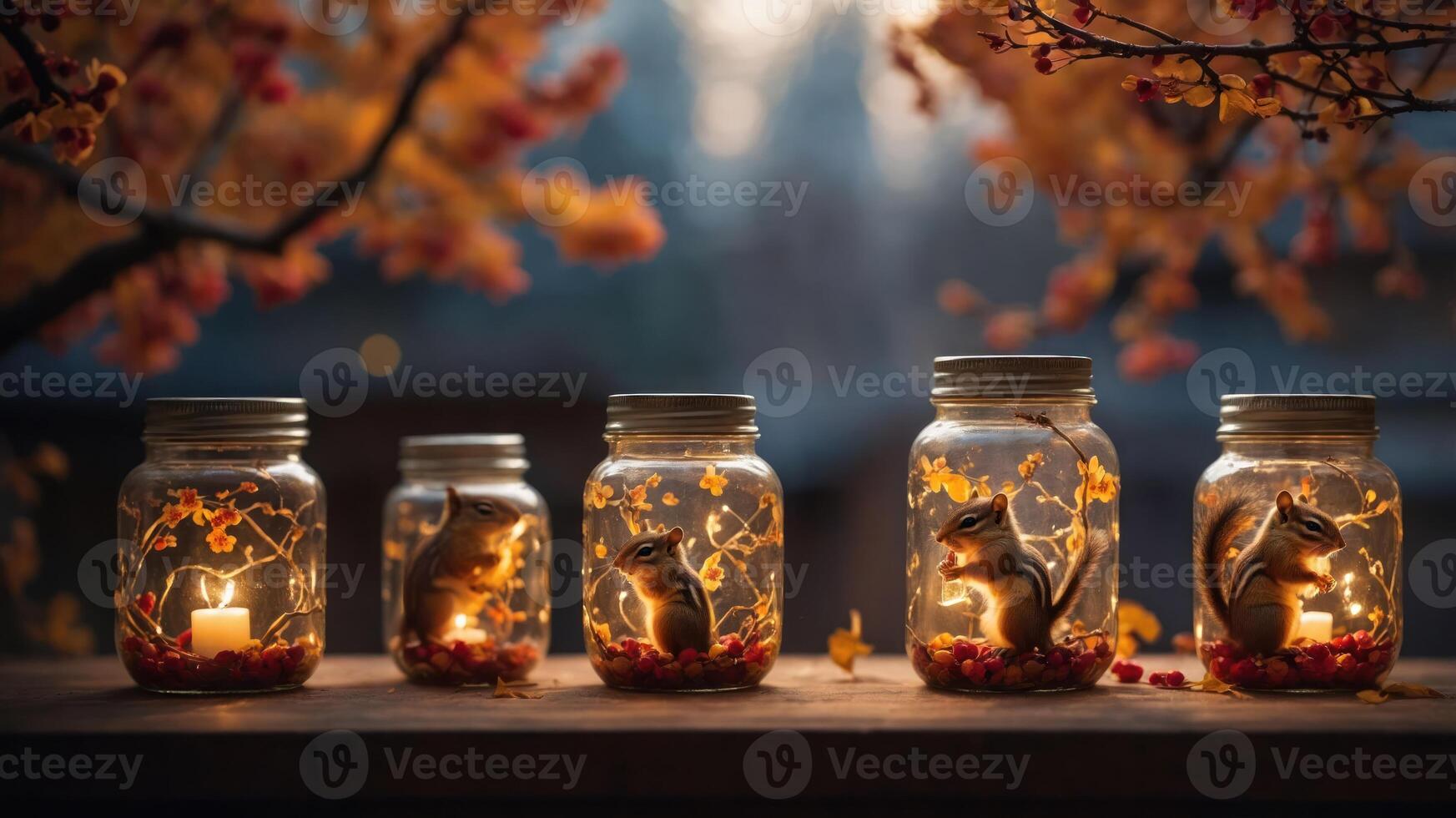 A serene display of illuminated jars with squirrel figures, surrounded by autumn leaves. photo
