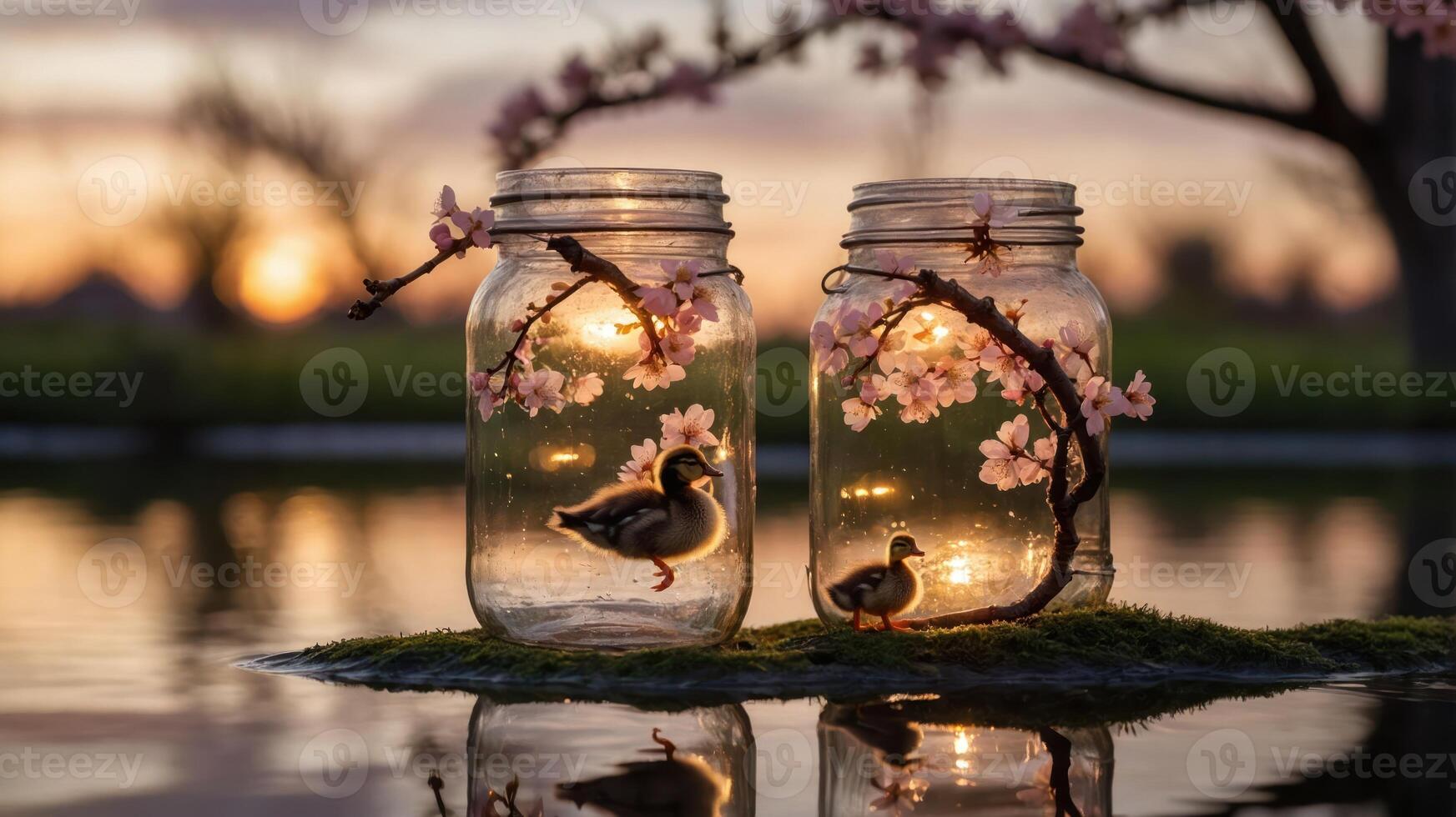 A serene scene with jars, ducklings, and cherry blossoms reflecting in water at sunset. photo