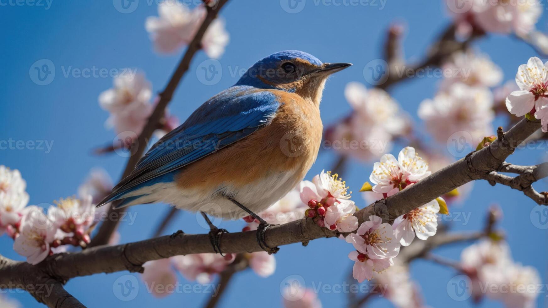 A bluebird perched on a branch adorned with pink blossoms against a clear sky. photo