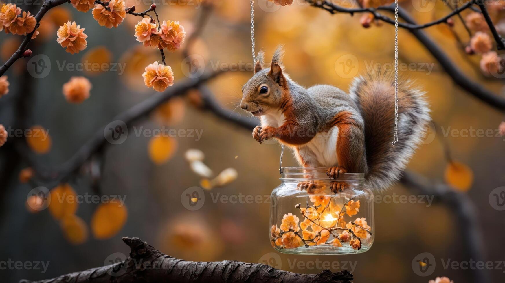 A squirrel perched in a jar surrounded by flowers, illuminated by soft light. photo