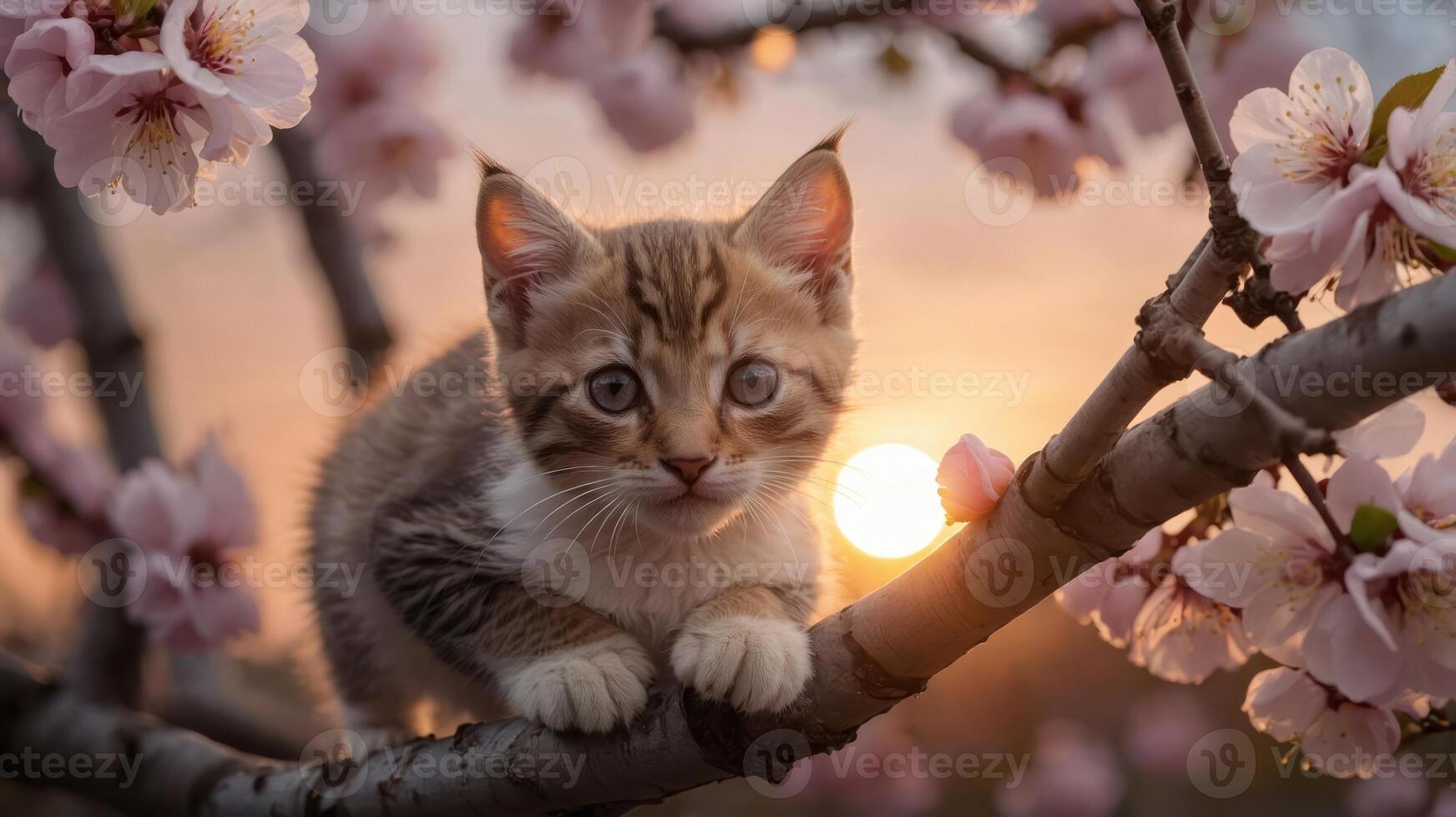 A kitten perched on a branch surrounded by cherry blossoms at sunset. photo