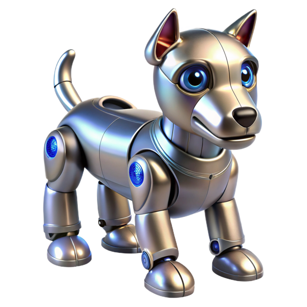 spectacular sought-after Robotic dog with metallic plating and glowing sensors. NO BACKGROUND with Transparent Background. png