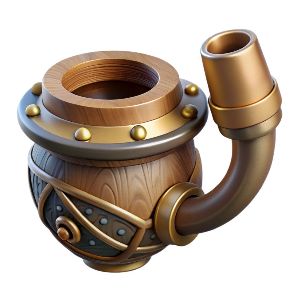 enchanting intense traditional Steampunk pipe with a carved wooden bowl and metal stem. NO BACKGROUND with Transparent Background. authentic png