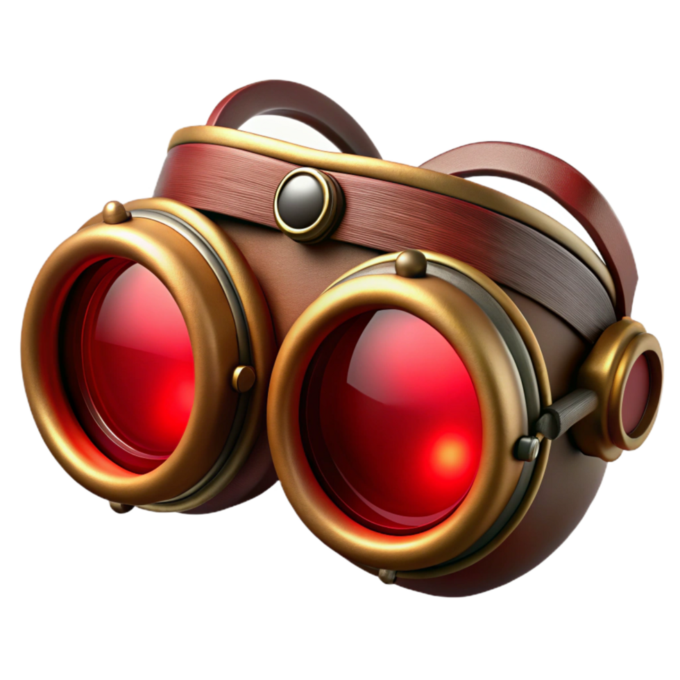 melancholic splendid Steampunk goggles with ruby red lenses and copper accents. NO BACKGROUND with Transparent Background. professional png
