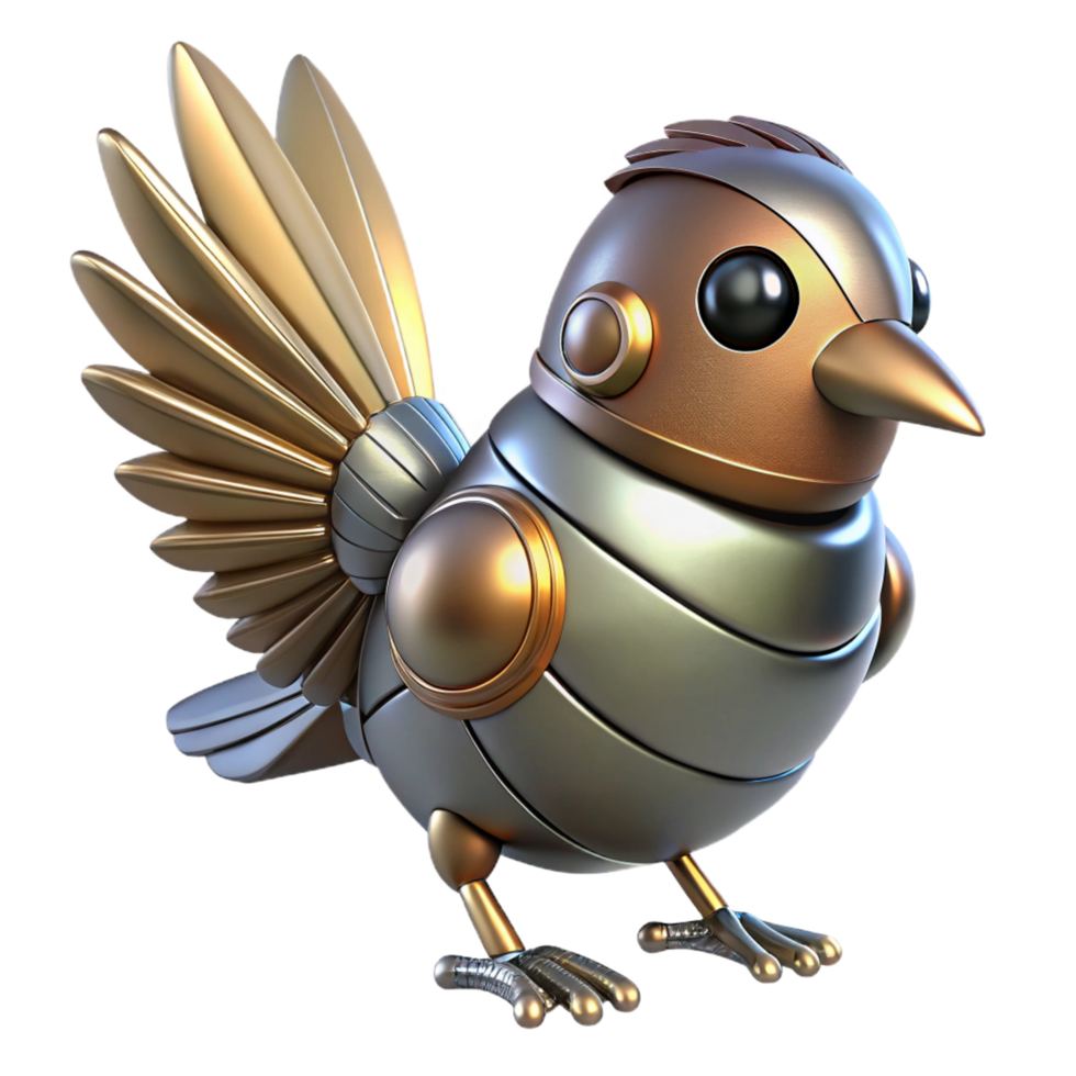 romantic captivating Robotic bird with metallic feathers NO BACKGROUND with Transparent Background. sharp png