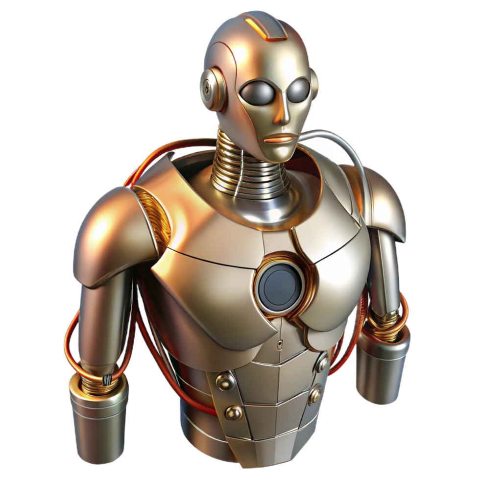 quintessential geometric Robot torso, metallic plating, exposed wiring, power core. NO BACKGROUND with Transparent Background. premium png