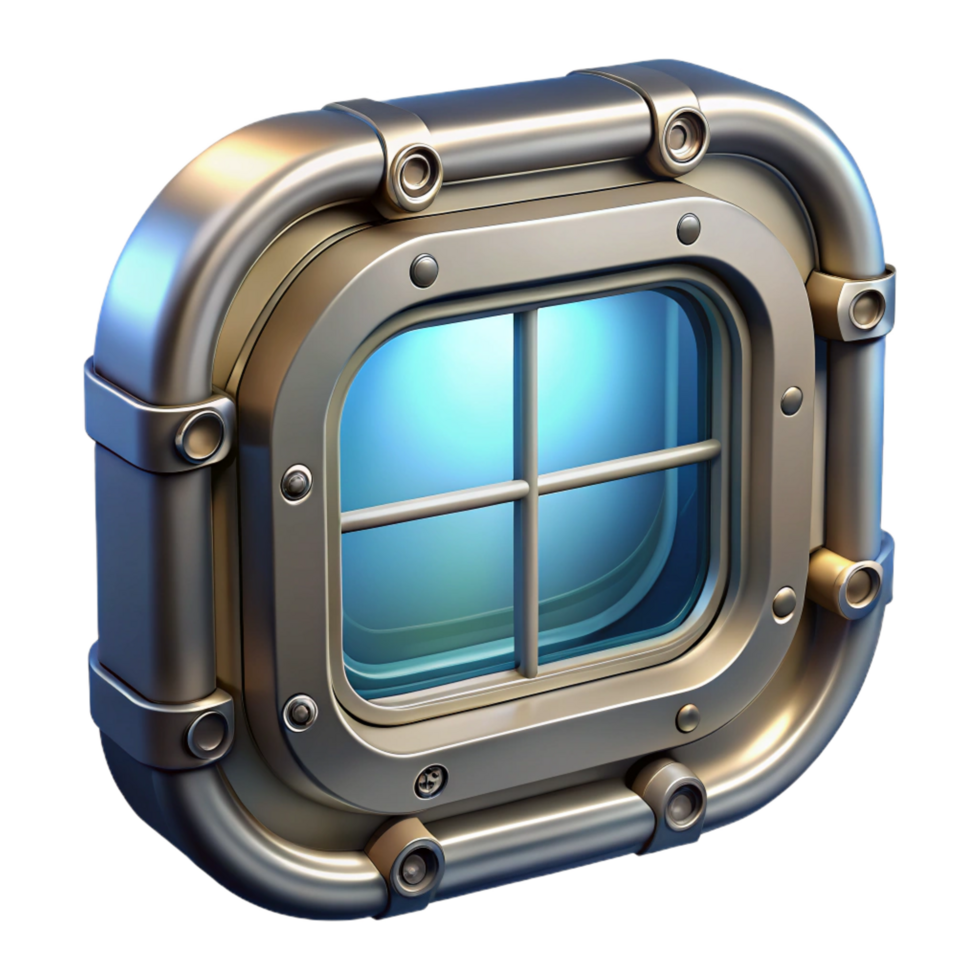 picturesque urban Spaceship window, reinforced glass, view port, metallic frame. NO BACKGROUND with Transparent Background. authentic png