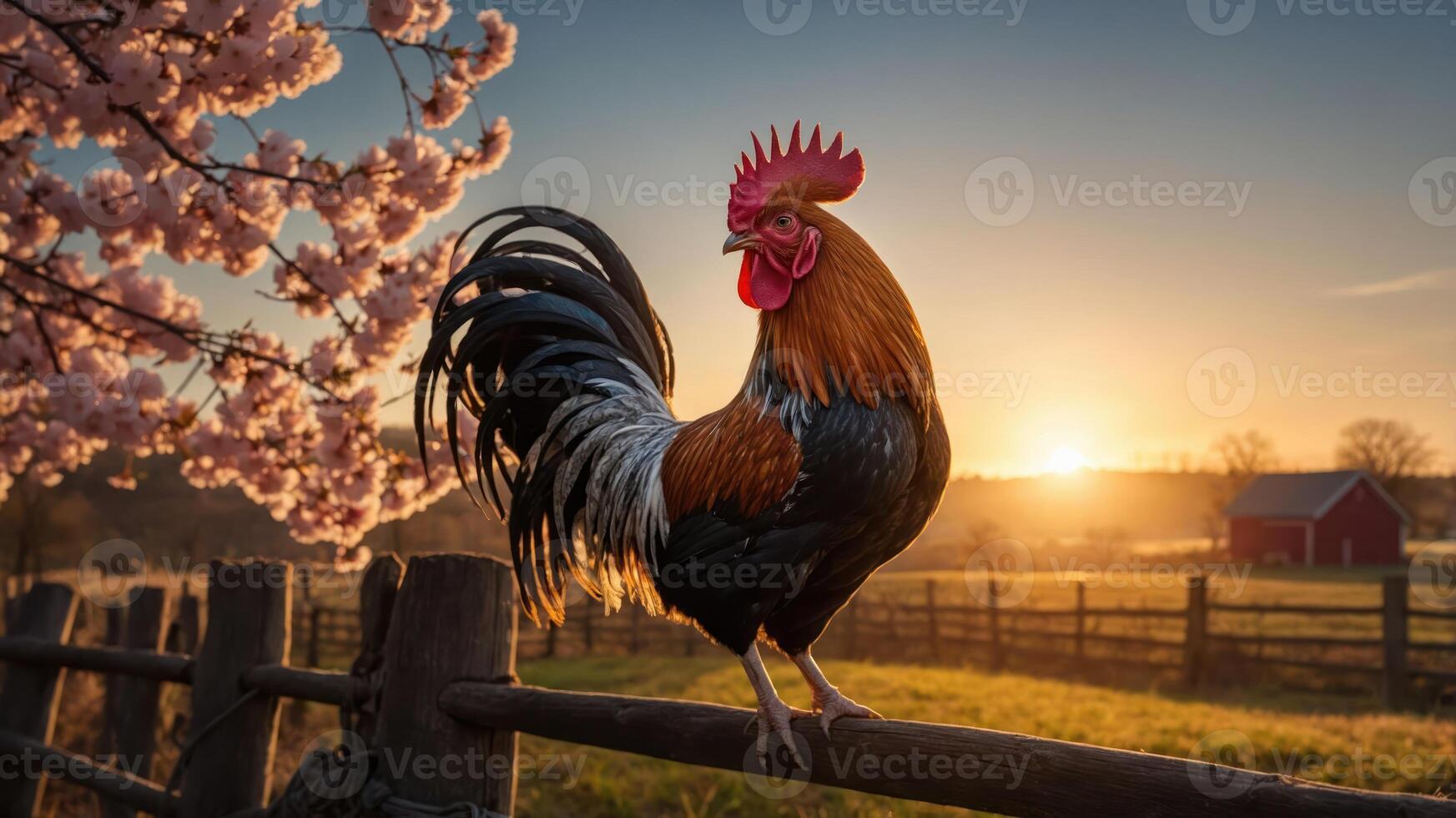 A rooster stands on a fence at sunrise, surrounded by blooming trees and a farm landscape. photo