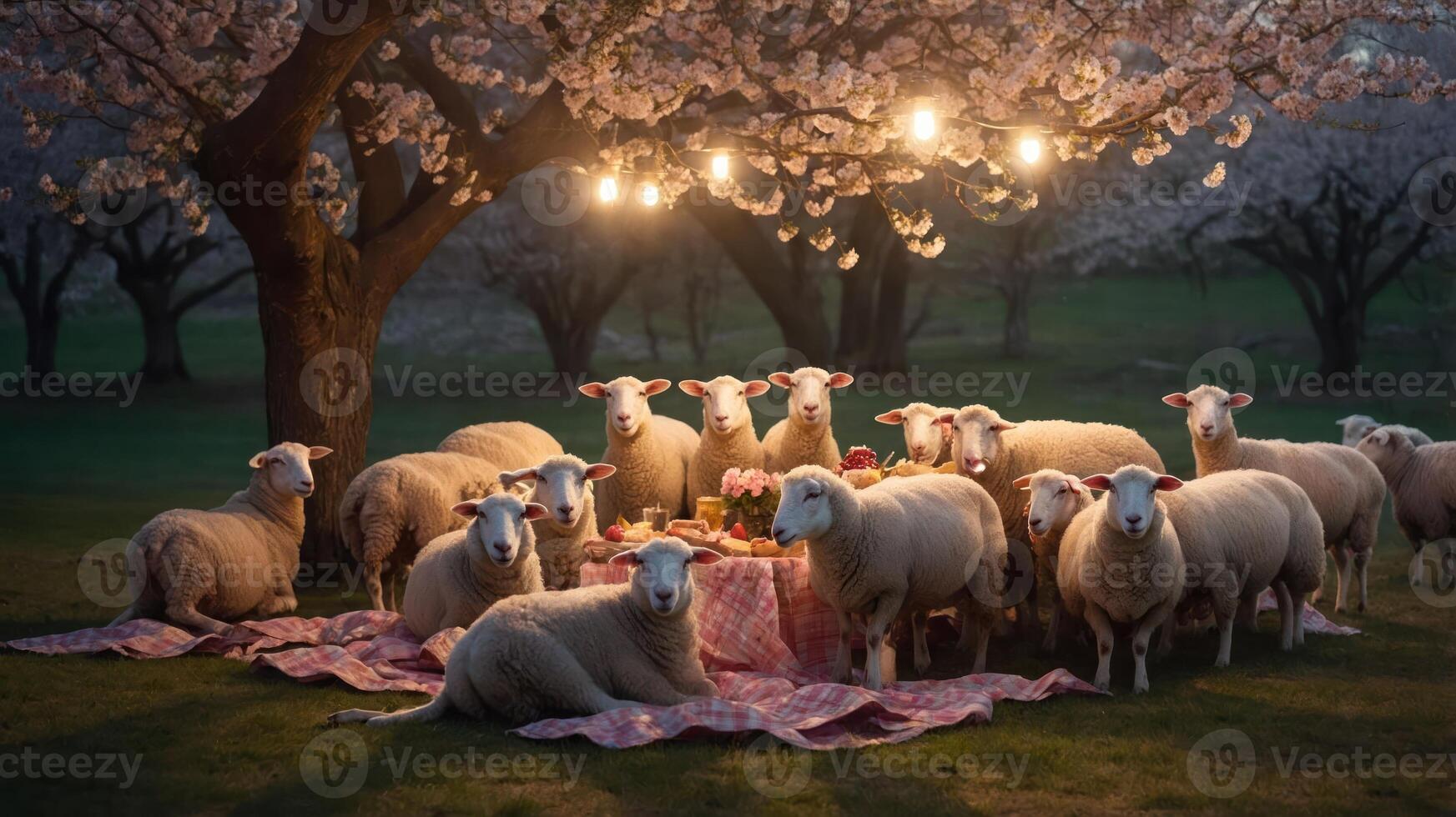 A whimsical picnic scene with sheep gathered around a table under cherry blossom trees. photo