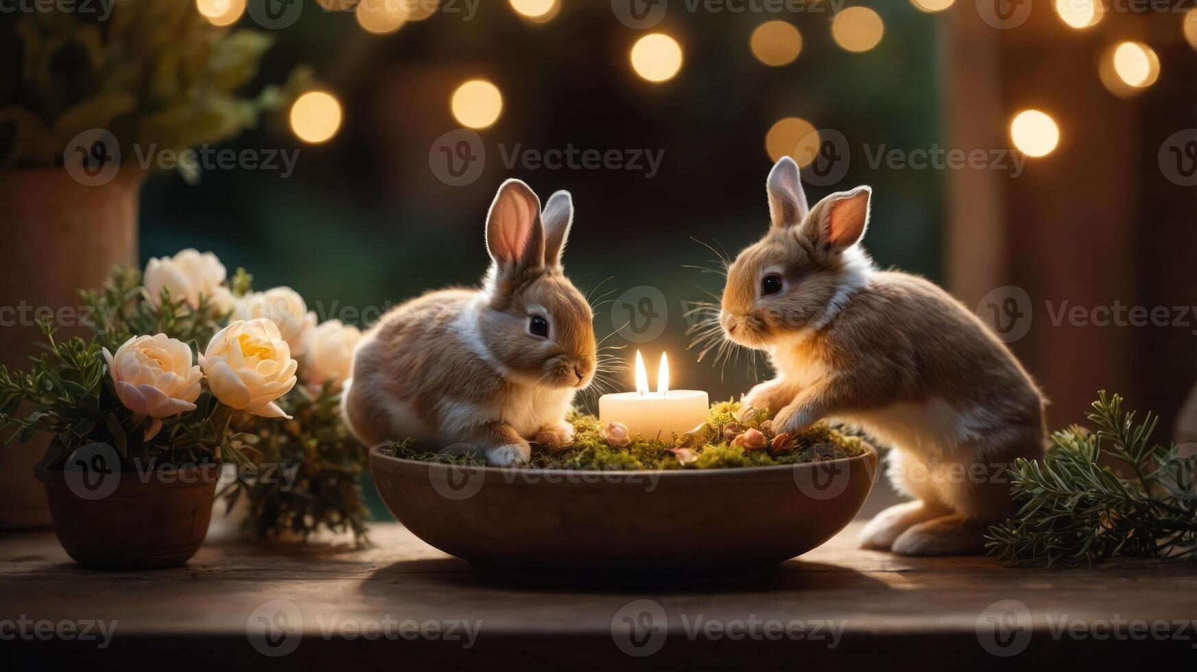 Two rabbits near a candle surrounded by flowers and greenery, creating a cozy atmosphere. photo