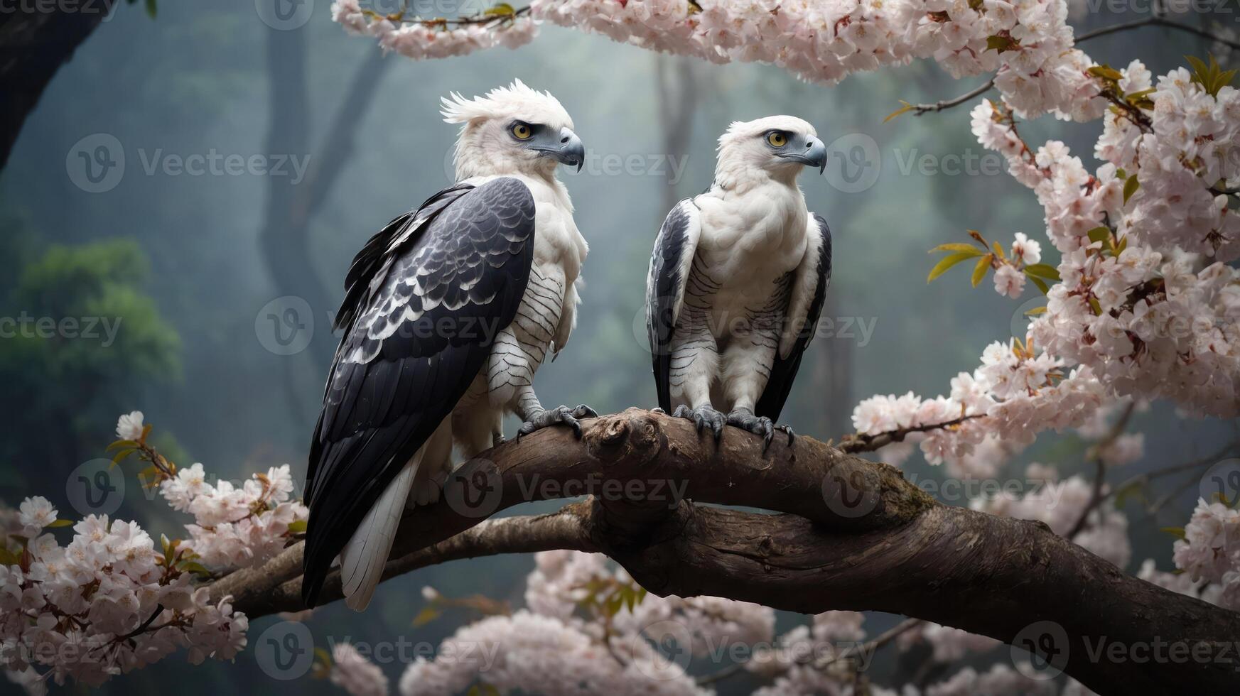 Two majestic harpy eagles perched on a branch amidst cherry blossoms in a misty forest. photo