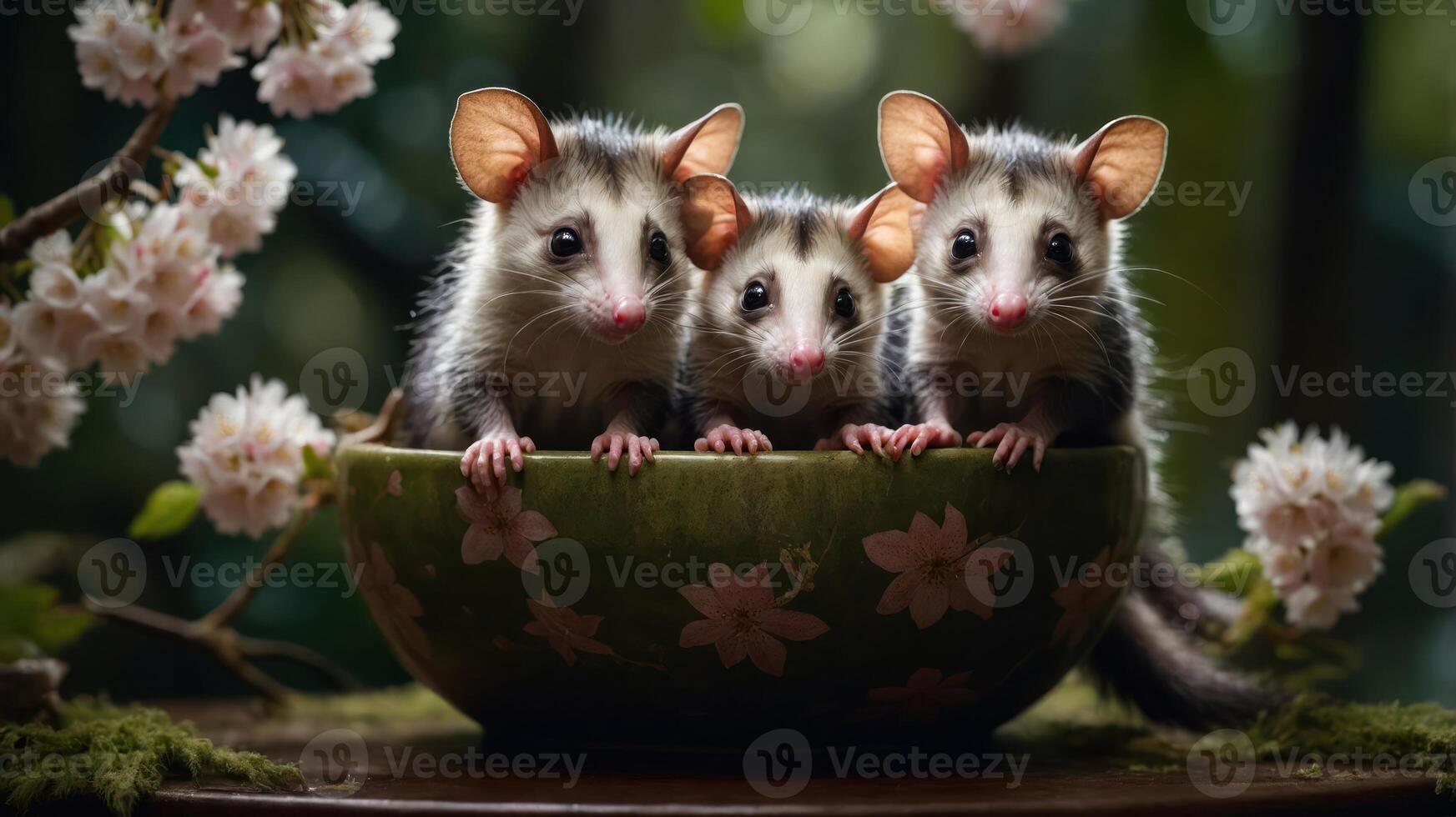 Three adorable possums sitting together in a decorative bowl surrounded by flowers. photo