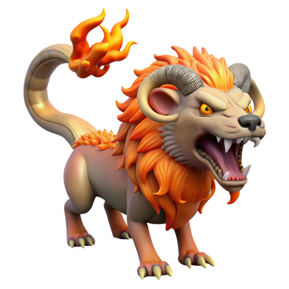 mesmerizing reflective baroque Chimera, fire-breathing hybrid monster, lion, goat, and serpent, NO BACKGROUND with Transparent Background. studio quality png