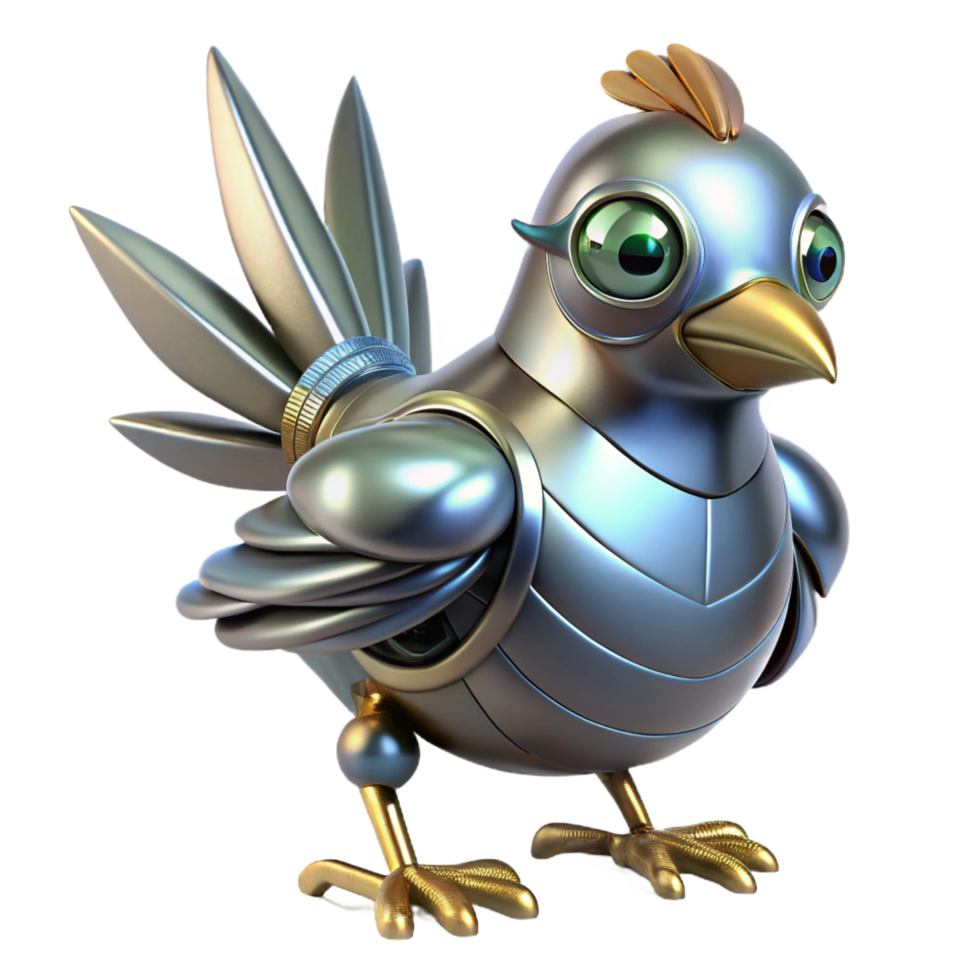 unparalleled traditional Robotic bird with metallic feathers. NO BACKGROUND with Transparent Background. fine detail png