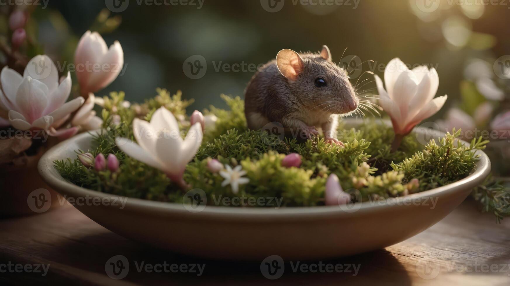 A small mouse sits among flowers and moss in a tranquil setting. photo