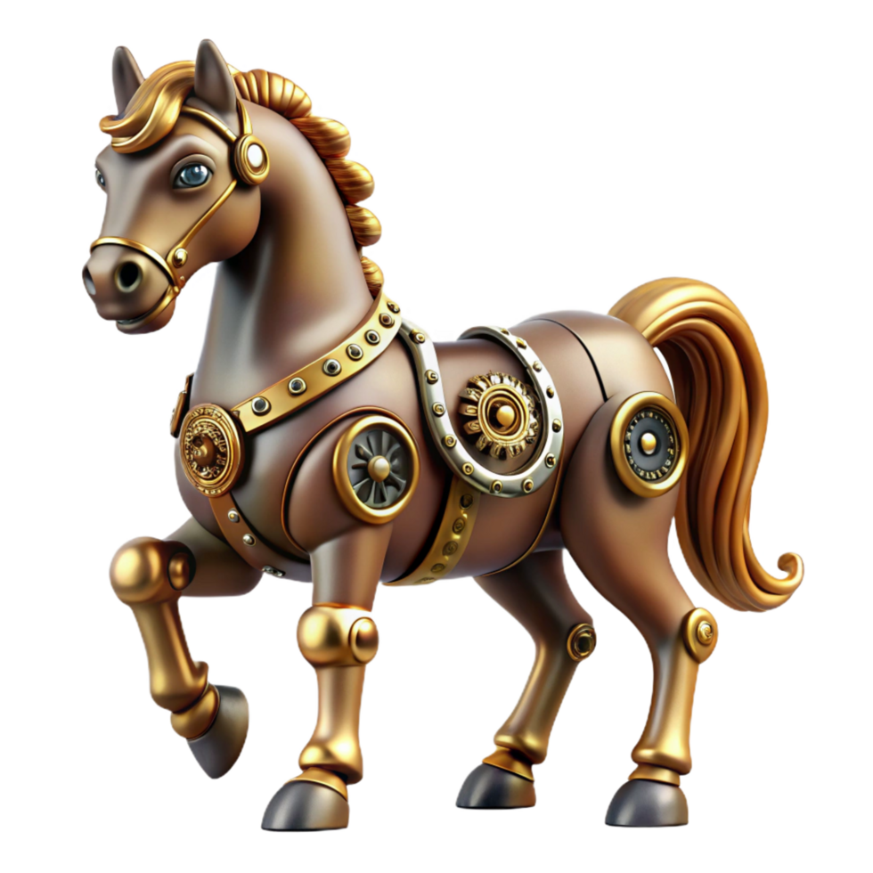 intense elegant Steampunk horse figurine with intricate clockwork mechanisms. NO BACKGROUND with Transparent Background. masterfully captured png