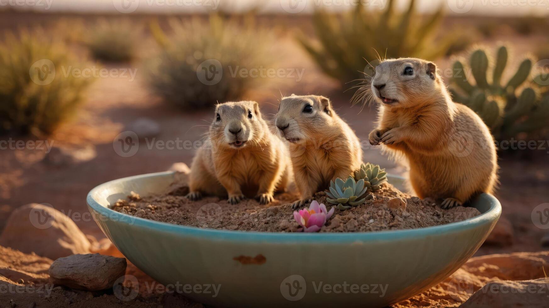 Three prairie dogs in a decorative bowl with sand and plants, set in a desert landscape. photo