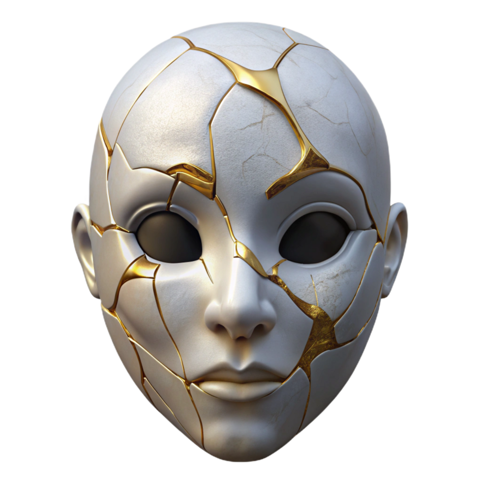 exquisite peaceful surreal A cracked porcelain mask with golden veins. NO BACKGROUND with Transparent Background. premium png