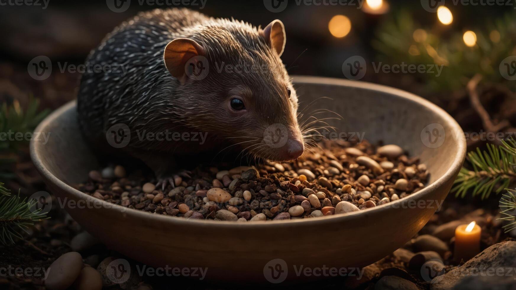 A small animal sits in a bowl of seeds, surrounded by a cozy, softly lit environment. photo