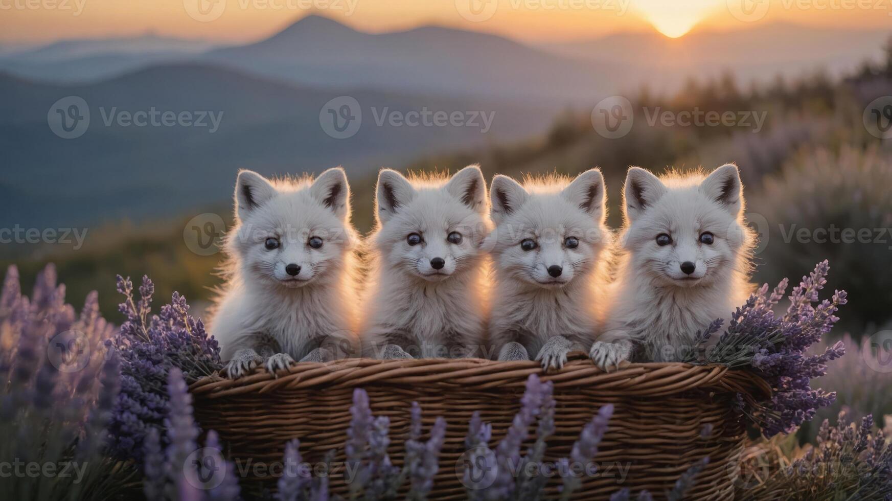 Four fluffy arctic foxes in a basket surrounded by lavender at sunset. photo