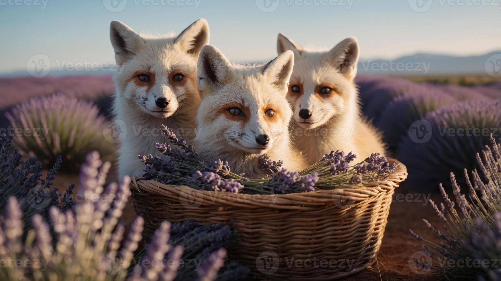 Three adorable foxes nestled in a basket among lavender flowers. photo