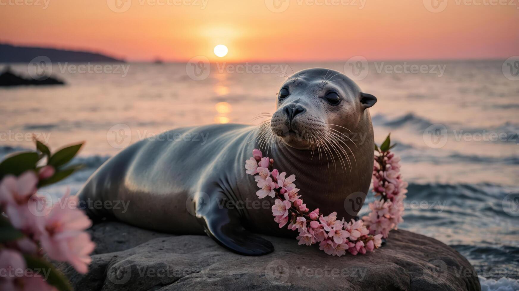A seal adorned with flowers rests on a rock by the ocean during sunset. photo