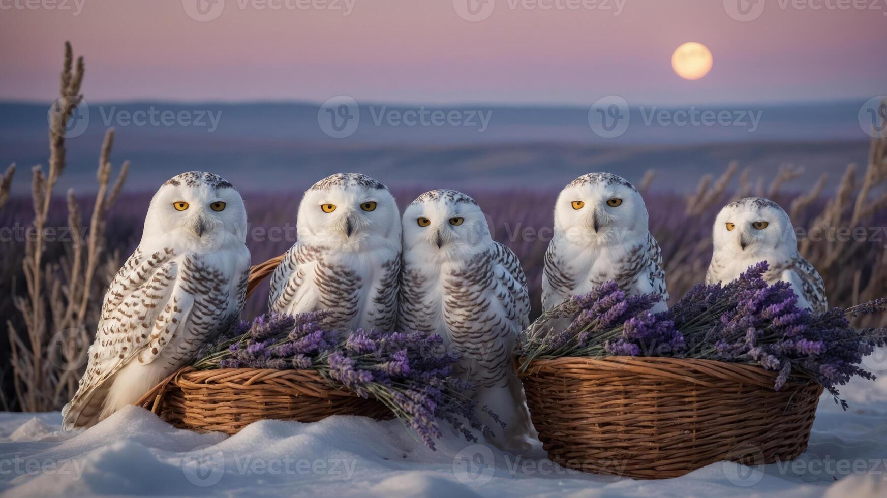 Five snowy owls perched with lavender in baskets against a serene sunset backdrop. photo
