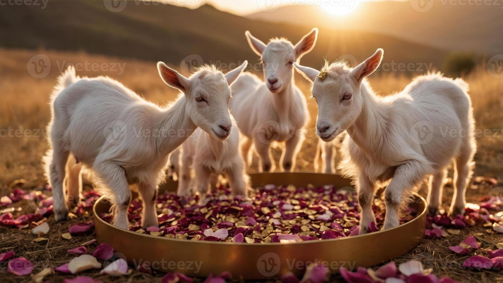 Three playful goats surrounded by flower petals in a serene landscape at sunset. photo
