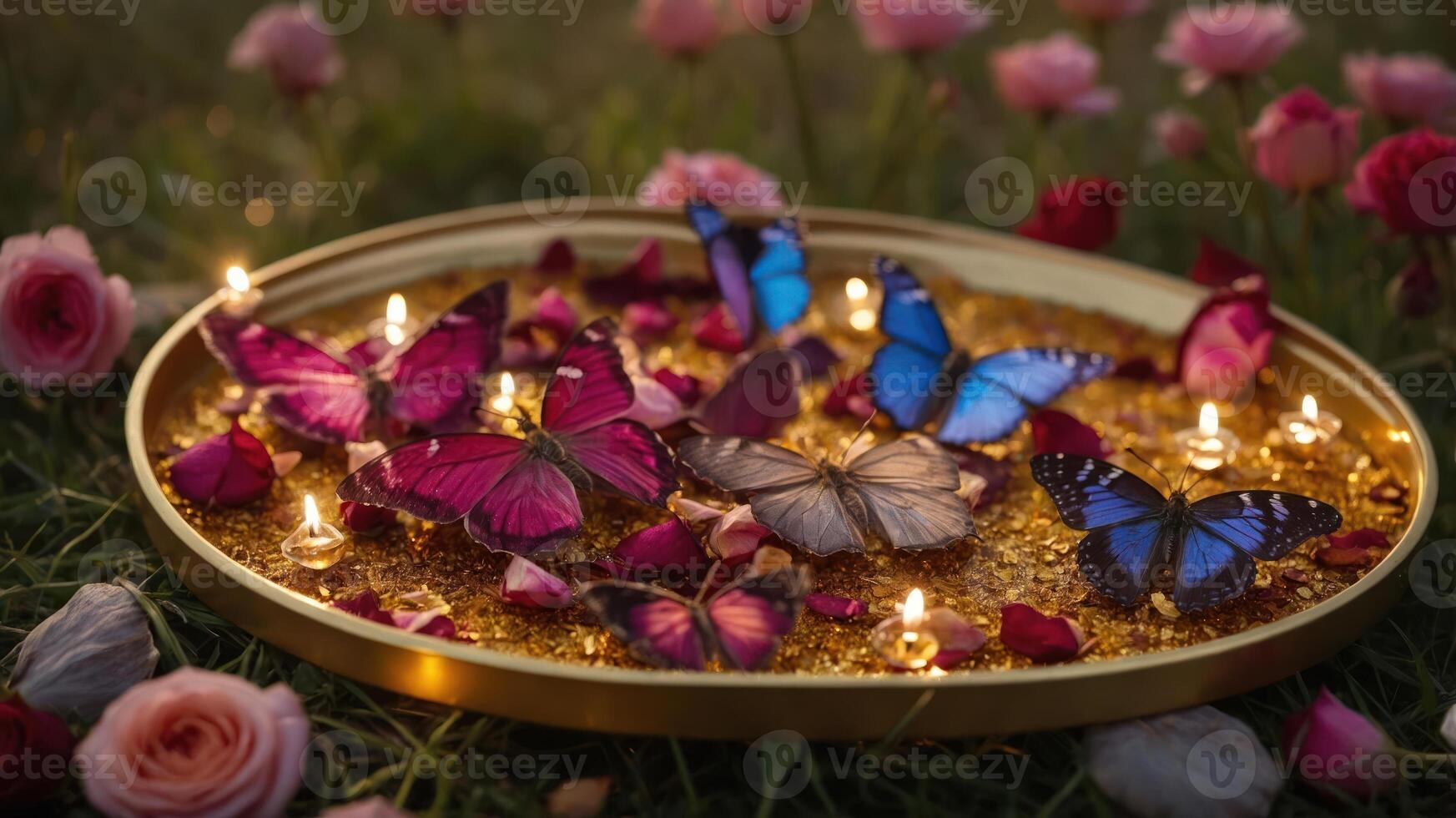 A serene arrangement of colorful butterflies on a golden surface surrounded by candles and roses. photo