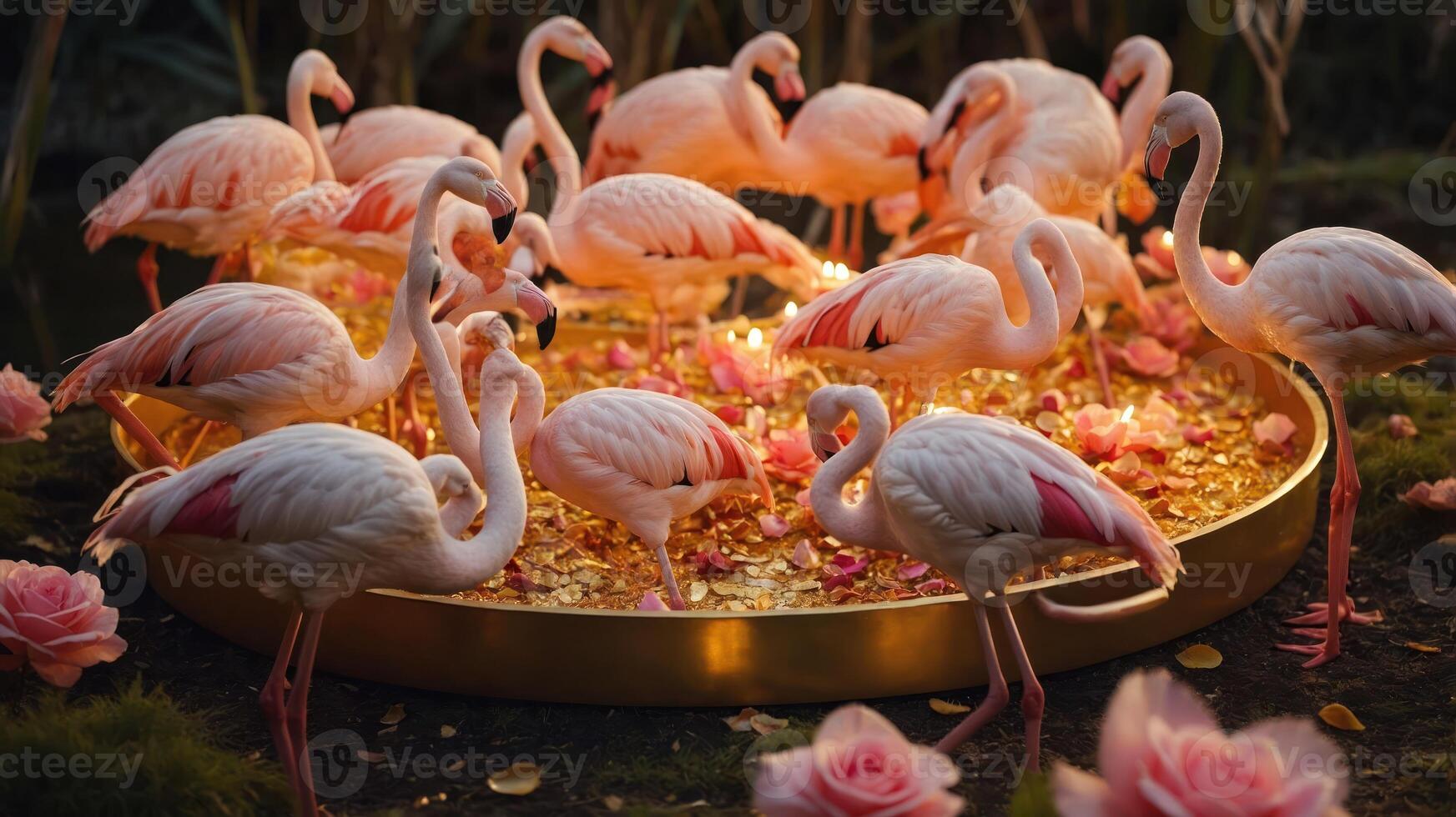 A serene scene featuring flamingos gathered around a decorative golden bowl with flowers. photo