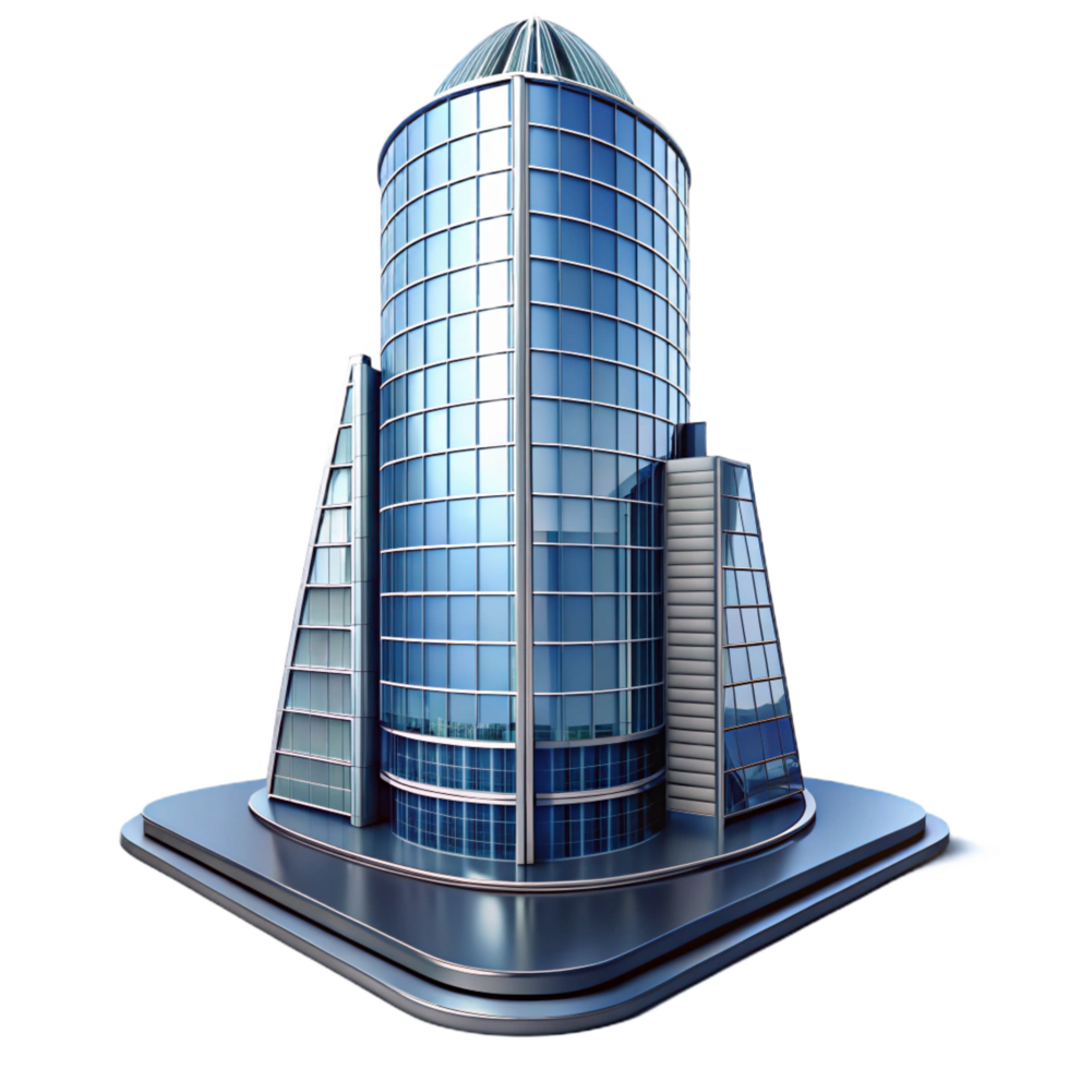 glorious dreamy industrial Modern skyscraper, glass and steel, NO BACKGROUND with Transparent Background. sharp png